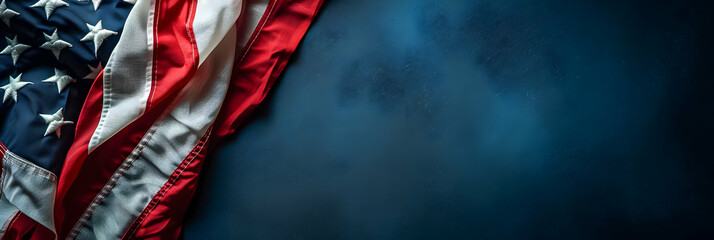 Close-up of a flag of the USA with a dark blue backdrop.