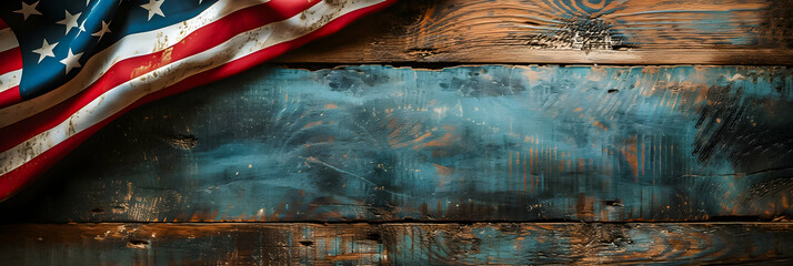 American flag draped over rustic wooden surface.
