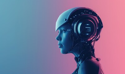 Side view of amazing humanoid head representing future technology and artificial intelligence with free space for your text. Artificial intelligence theme.