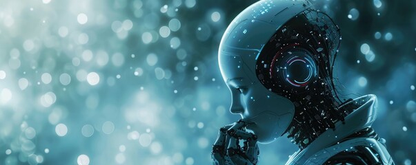 Side view of amazing humanoid head representing future technology and artificial intelligence with free space for your text. Artificial intelligence theme.