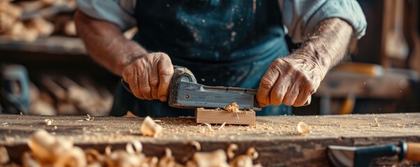 Skilled elderly carpenter plans a wooden board in the workshop with a planer. - obrazy, fototapety, plakaty
