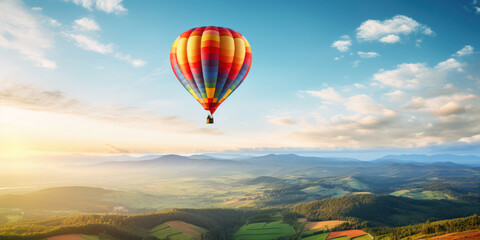 Fototapeta premium High-Flying Colorful Balloon: A Journey of Freedom and Adventure in the Scenic Mountain Landscape