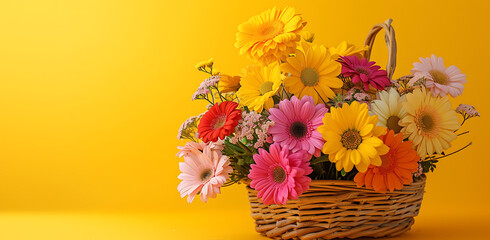 an arrangement of flowers in a basket on a yellow bac