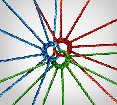 Connected Team Partnership as a Business concept for synergy and shared teamwork interdependence support as a united group cooperation as an integrated strategy with rope symbols.