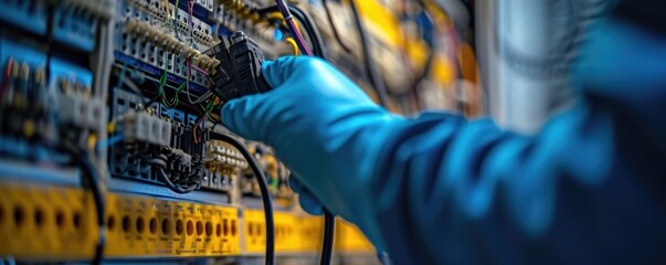 Close up photograph of an electrician worker checking Electrical distribution during the afternoon .