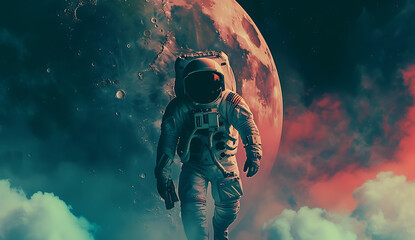 an astronaut is floating over the moon in - obrazy, fototapety, plakaty