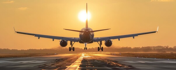 An airplane is landing on runway,  amazing afternoon sun shining background .