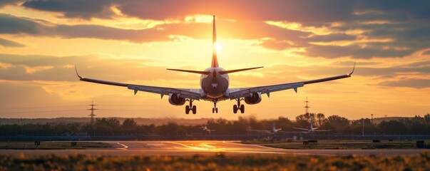 An airplane is landing on runway,  amazing afternoon sun shining background .