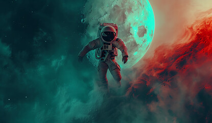 an astronaut is floating over the moon in - obrazy, fototapety, plakaty