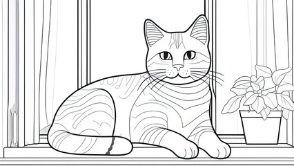 Coloring book for children cat sitting on the windowsill Anti-stress coloring book for children and adults.