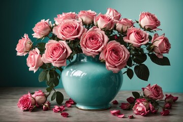 Bouquet of pink roses in turquoise ceramic vase