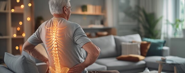 Highlighted spine of senior man with back pain at home. Photo with copy space. Back pain theme. - obrazy, fototapety, plakaty