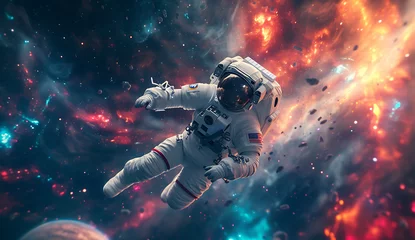 Foto op Canvas an astronaut is flying above space and a planet in © Dolphine