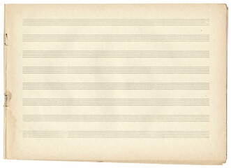 Brownish empty music notebook sheet in a ruler for recording notes. Horizontal music page with five-line staff without key. Music notation elements for design.