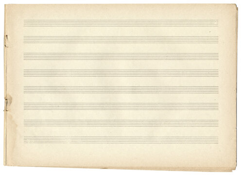 Brownish empty music notebook sheet in a ruler for recording notes. Horizontal music page with five-line staff without key. Music notation elements for design.