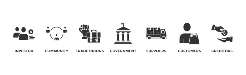 Stakeholder relationship banner web icon vector illustration concept for stakeholder, investor, government, and creditors with icon of community, trade unions, suppliers, and customers