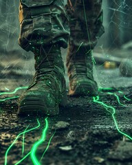 Please write me 35 tags for SEO. Here is the title "armed soldier's boots hitting the ground on a war-torn street". Please research on Google and write me the most searchable tags on google.com/adobes