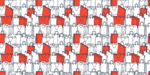 Seamless vector pattern of outline drawings various shopping bags, background for paper, wrapping