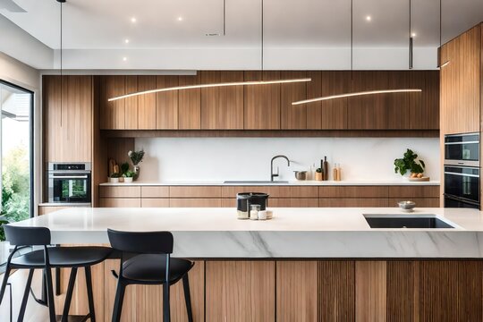 A modern, minimalist kitchen with sleek appliances, clean lines, and abundant natural light, showcasing a perfect balance of functionality and aesthetic appeal