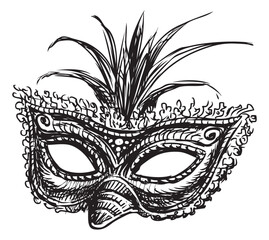 Sketch of single decorative carnival facial mask for masquerade, party, vector sketch isolated on white