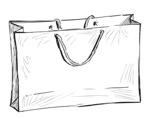 Sketch of single shopping bag, paper package, new purchases, vector hand drawing isolated on white