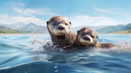 Two otters swimming in a pond. The water is blue and wavy and the otters are brown. They are located close to each other, one on the left, the other on the right.