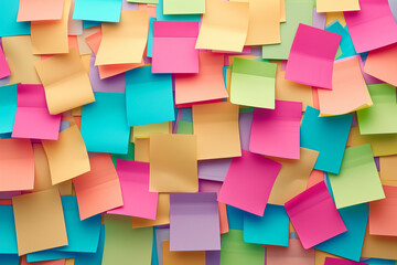 Colorful abstract background pattern of empty sticky notes, colorful set of blank sticky notes stick on the wall, colorful empty blank sticky notes pasted on an office notice board, blank note paper