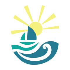 Abstract sun, sea and boat logo design. Vector illustration
