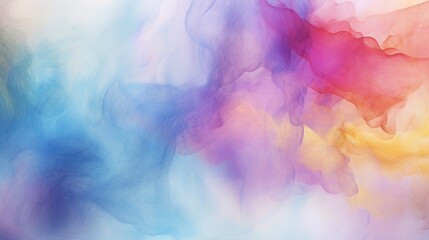 A colorful abstract painting with flowing smoke-like shapes in blue, pink, purple, yellow, and red. The colors blend together creating a soft and dreamy texture.