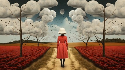 A woman in a red coat and white hat stands on a dirt road between two fields of red flowers. The sky is full of white clouds and birds. The road forks in two directions.