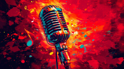 Cosmic Harmony: Red Microphone in Cubist Pop