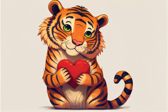 Cute tiger cub with a heart in its paws. AI generated