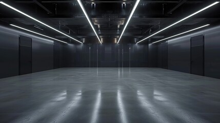 Empty hall with led lights on top, gray walls and glossy concrete floor. Industrial and factory design concept.