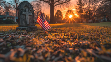 Fototapeta na wymiar 16:9 or 9:16 The USA flag is placed in front of the grave of soldiers who died in the war on Memorial Day or Victory Day