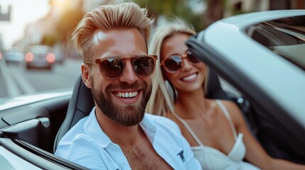 Joyful young couple enjoying summer vacation driving convertible car in city street