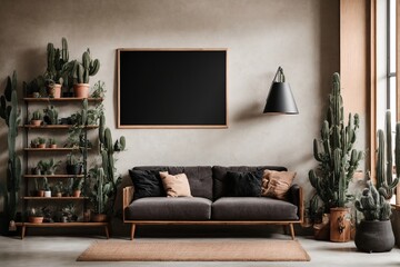  Living room interior design featuring a grunge wall, shelf, cactus, plant, and an empty black poster mock-up frame. Chic interior design Scandinavian interior decoration concept 