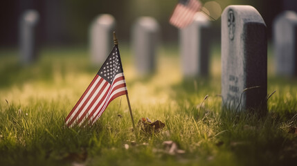16:9 or 9:16 The USA flag is placed in front of the grave of soldiers who died in the war on Memorial Day or Victory Day