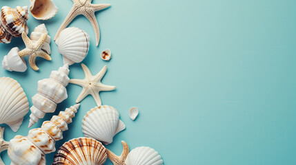 Seashells on light cyan background top view in flat lay style. Greeting for Travel, Resort, or Summer Sale Banner