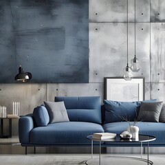 Scandinavian loft home interior design of a minimalist studio apartment featuring a blue sofa against a concrete wall, highlighting the sleek and functional modern living room.
