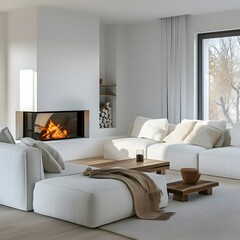 Modern living room featuring a sleek white corner sofa positioned near a fireplace, emanating Scandinavian minimalistic charm.