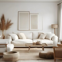 Scandinavian style modern living room interior featuring a white sofa and armchairs with minimalist decor and soft natural lighting.