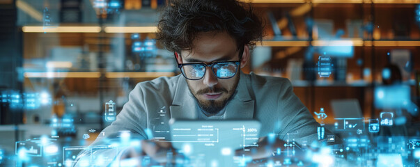 Technician Analysing Data on Tablet.
Engineer with digital tablet overlaying network data at manufacturing plant.