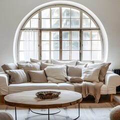 Cozy and inviting modern living room in Scandinavian farmhouse style with a round coffee table, fabric sofa, and an arched window, radiating warmth and comfort.