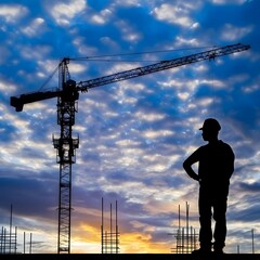 Silhouette of a construction worker with a crane against a cloudy blue sky, symbolizing the preparation for a New Year party and the initiation of new business endeavors.