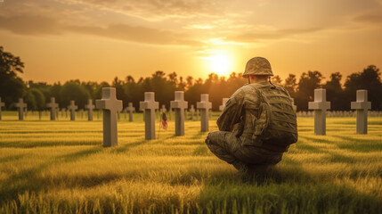 16:9 or 9:16 Soldiers sit on their knees to mourn the soldiers who died in the war on Memorial Day...