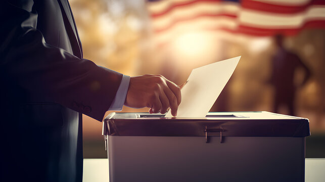  hand placing a ballot into a sealed ballot box, US presidential election.