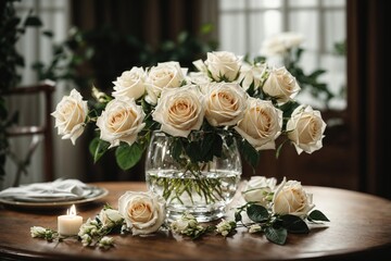 Obraz na płótnie Canvas White roses in vintage vase on the table 