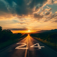 Scenic sunset on a nature route with road leading into the distance. The numbers '24' shining in the road to signify the start of the new year.