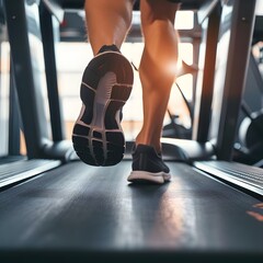 Close-up of a male athlete running on a treadmill in a fitness club, symbolizing the drive for a healthy lifestyle and the start of the new year 2024. - obrazy, fototapety, plakaty