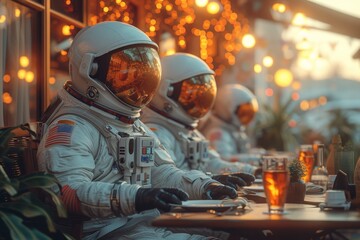 In the cozy indoor setting of a spaceship, a group of astronauts clad in their protective helmets and glasses sit around a table, their faces reflecting a mix of determination and excitement for thei - obrazy, fototapety, plakaty